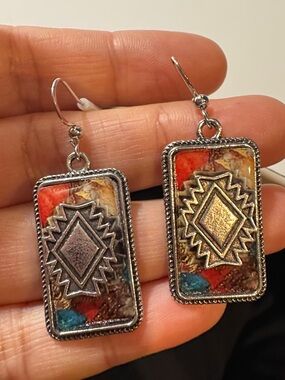 Southwestern Rectangle Drop Earrings with Multicolor Inlay